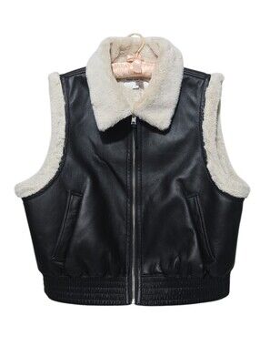 Marc New York Faux Leather Faux Fur Trim Moto Vest Black Cream NWOT Large